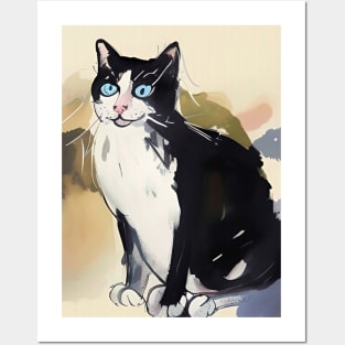 Black and White Tuxedo Cat in Watercolour Copyright TeAnne Posters and Art